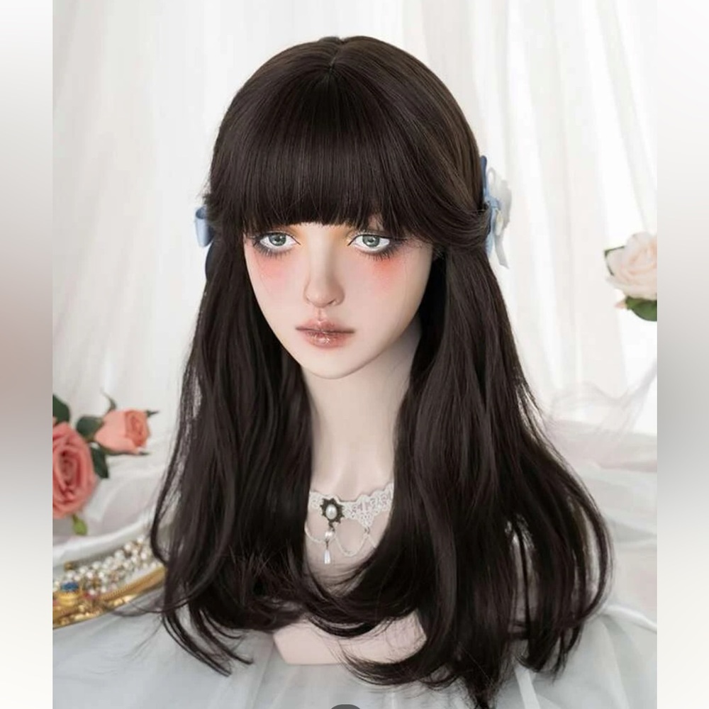 Long curly synthetic dark brown wig with bangs